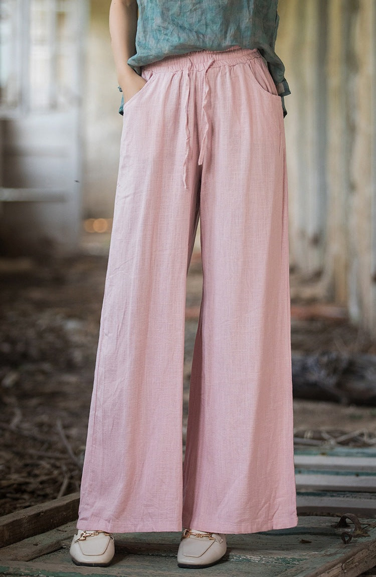 Women’s Wide-Leg Trousers – Cotton Linen Blend – Relaxed Fit – Drawstring Waist – Full Length