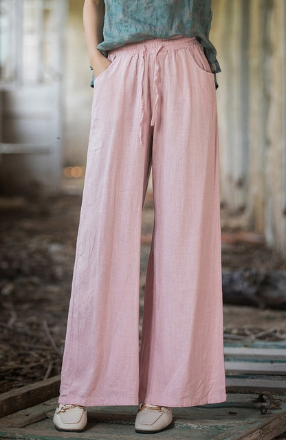 Women’s Wide-Leg Trousers – Cotton Linen Blend – Relaxed Fit – Drawstring Waist – Full Length