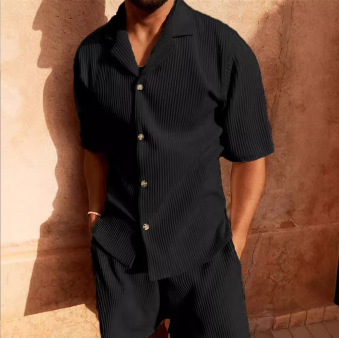 Men’s Casual Set – Button-Up Shirt & Shorts – Relaxed Fit Textured Fabric