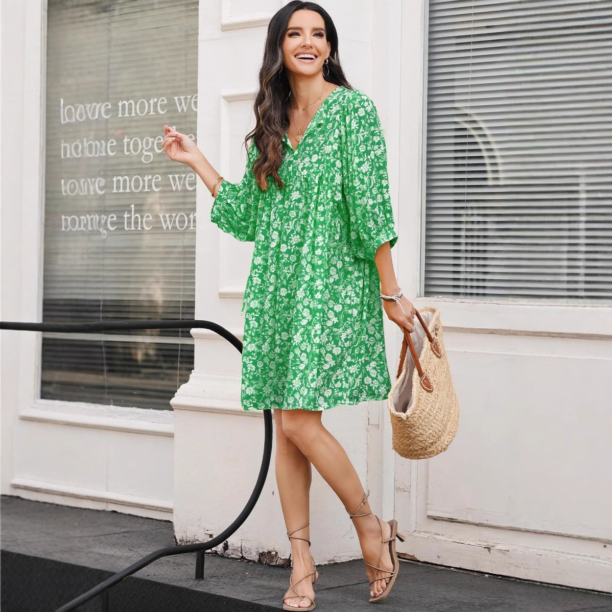 Women’s Midi Dress – V-Neck – Lantern Sleeve – Relaxed Fit – Bohemian Floral Print
