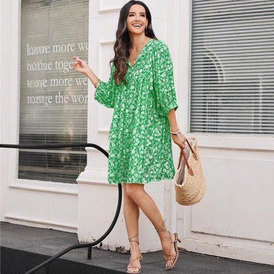 Women’s Midi Dress – V-Neck – Lantern Sleeve – Relaxed Fit – Bohemian Floral Print