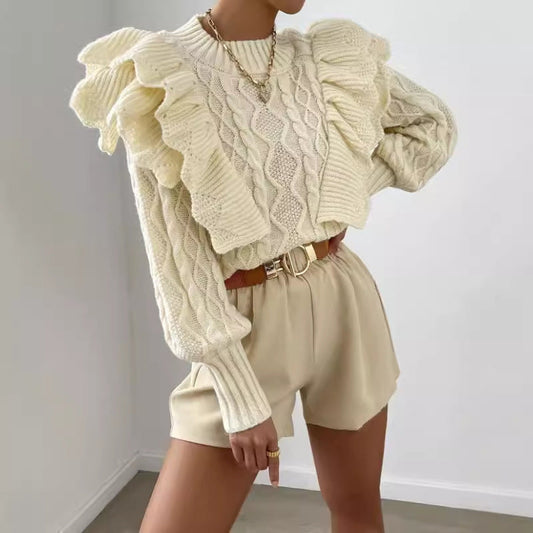 Women’s Knit Sweater – Cropped Fit – Cable Knit – Ruffle Shoulder – Long Sleeve