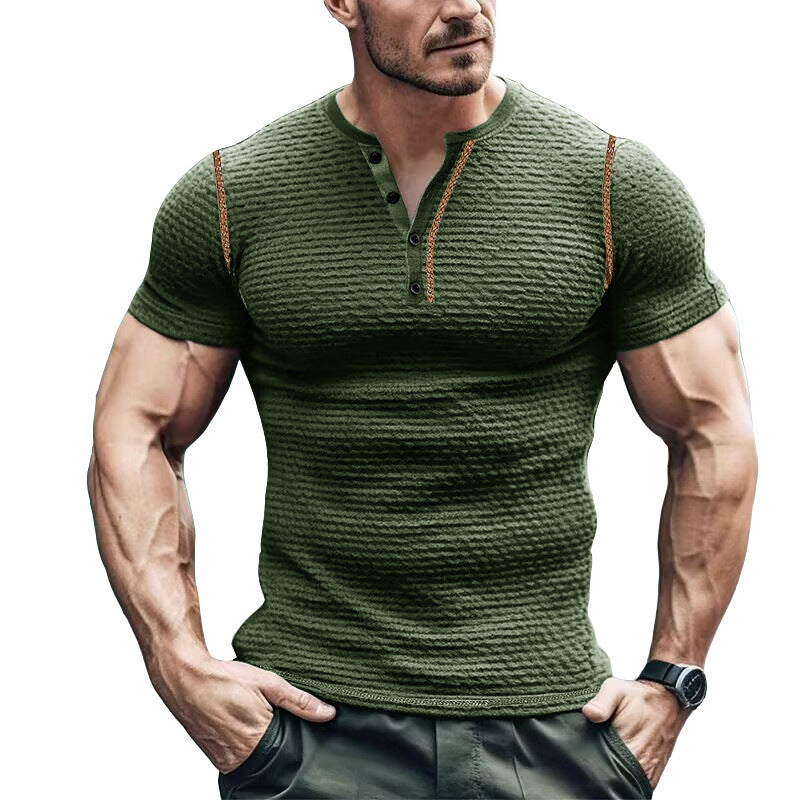 Men’s Henley T-Shirt – Slim Fit – Waffle Knit – Short Sleeve – Shoulder Detail