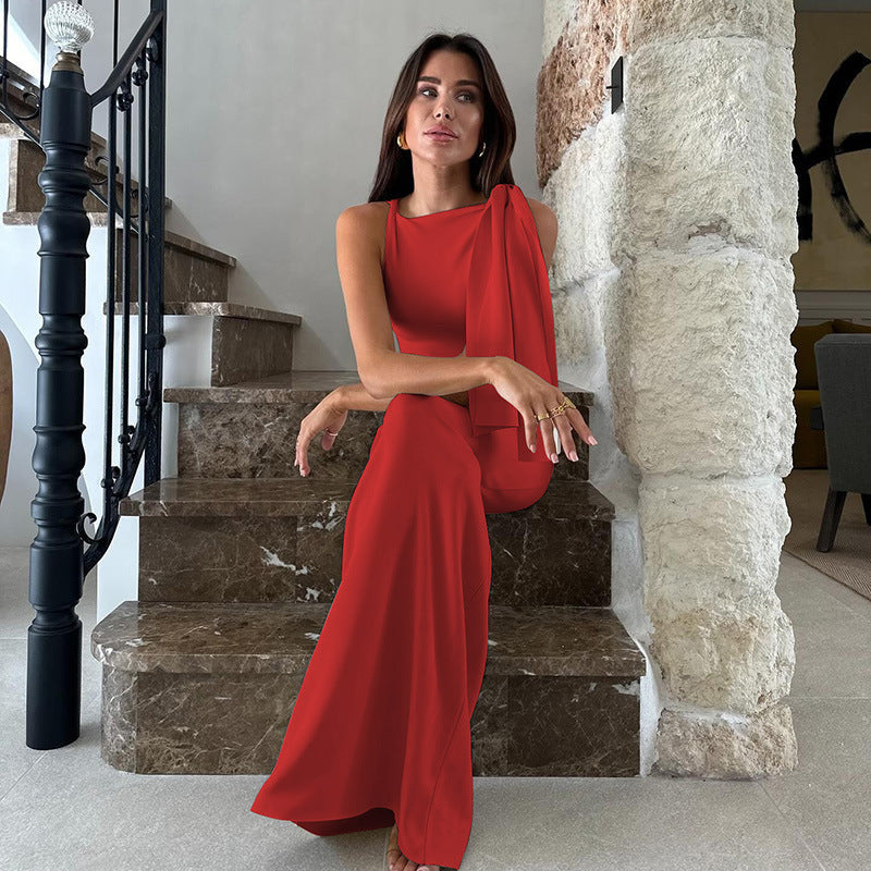 Women’s One-Shoulder Dress – Slim Fit – Satin Feel – Draped Floor-Length Evening Wear