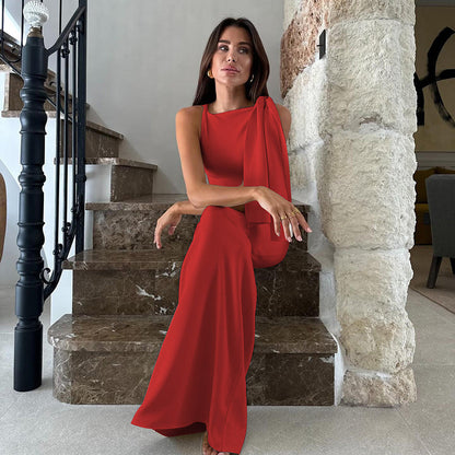 Women’s One-Shoulder Dress – Slim Fit – Satin Feel – Draped Floor-Length Evening Wear