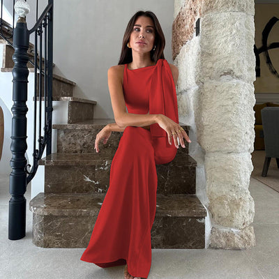 Women’s One-Shoulder Dress – Slim Fit – Satin Feel – Draped Floor-Length Evening Wear