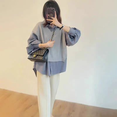 Women's Layered Oversized Sweater - V-Neck - Long Sleeve - Relaxed Fit Shirt Set