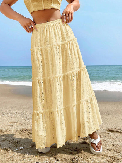 Women’s Midi Skirt – A-Line Fit – Tiered Eyelet Fabric – Elastic Waist – Lightweight