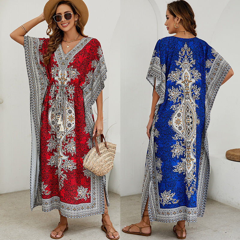 Women’s Maxi Dress – Relaxed Fit – V-Neck – Short Wide Sleeves – Ornate Pattern