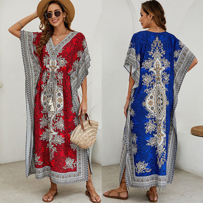 Women’s Maxi Dress – Relaxed Fit – V-Neck – Short Wide Sleeves – Ornate Pattern