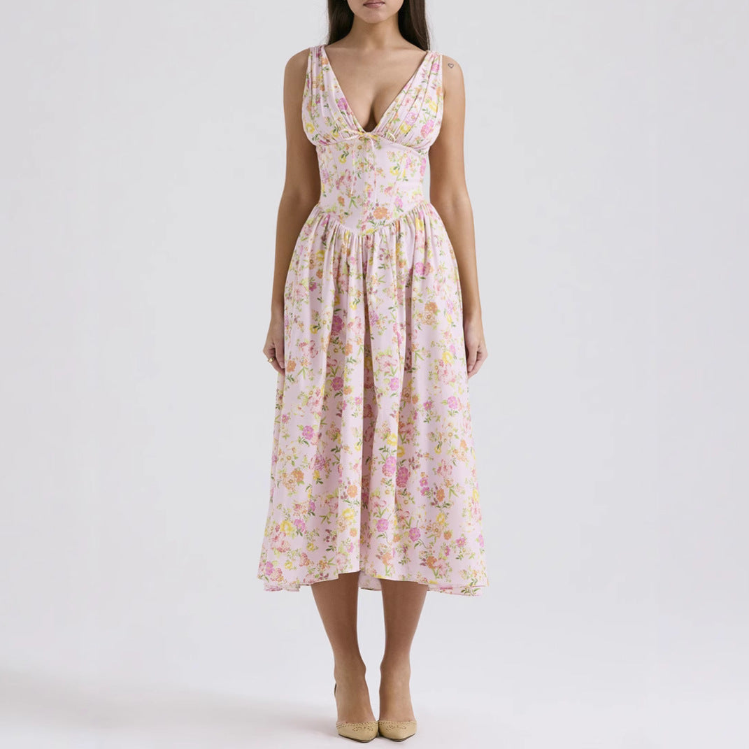 Women’s Midi Dress – Sleeveless V-Neck – A-Line Fit – Floral Print – Lightweight Fabric
