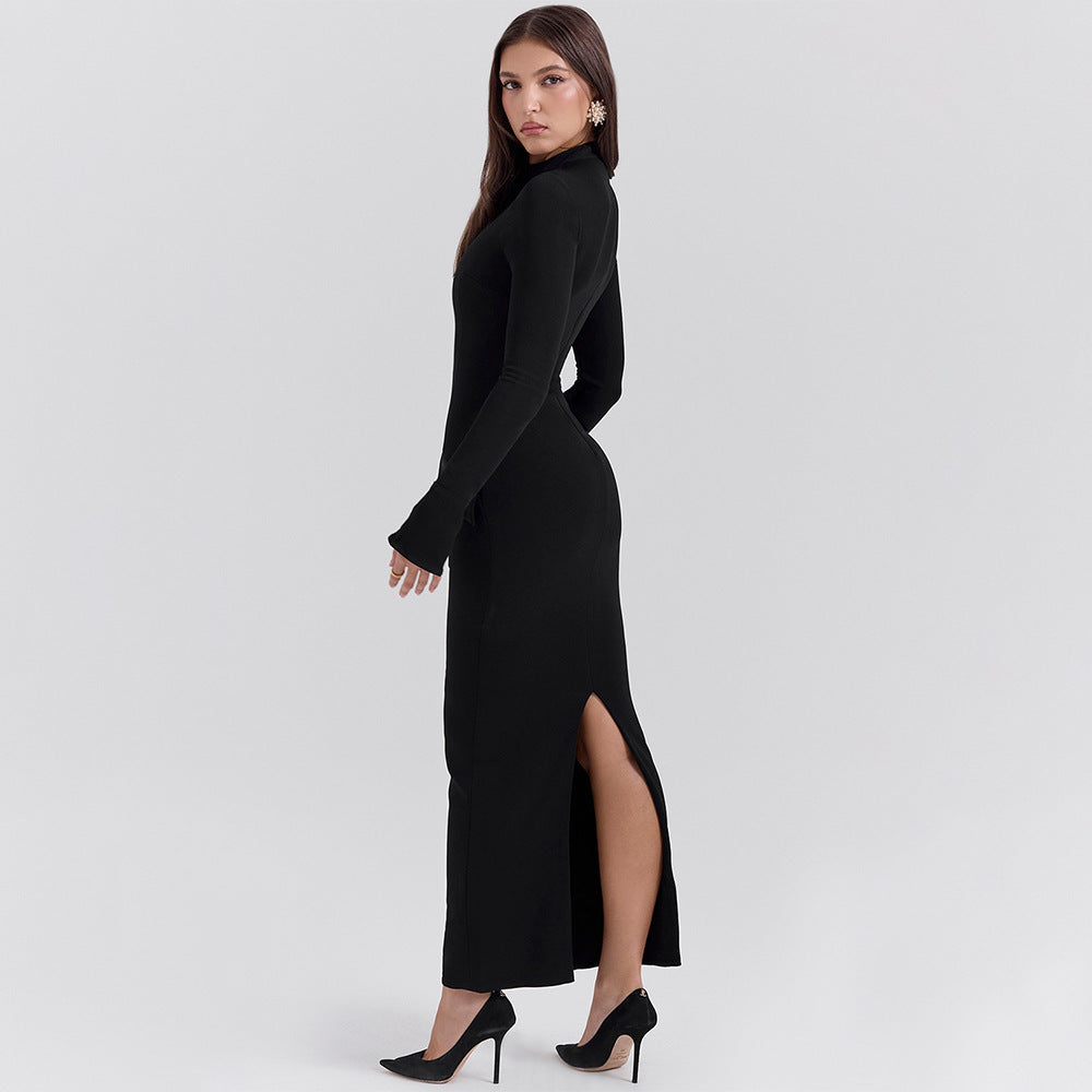 Women’s Long Dress – Slim Fit – Round Neck – Long Sleeve – Formal Tailored Look