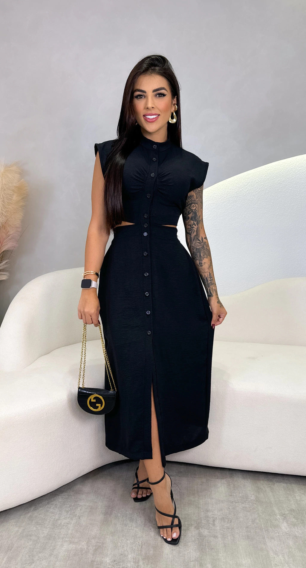 Women’s Midi Dress – Slim Fit – Cut-Out Waist – Stand Collar – Button Front – Sleeveless