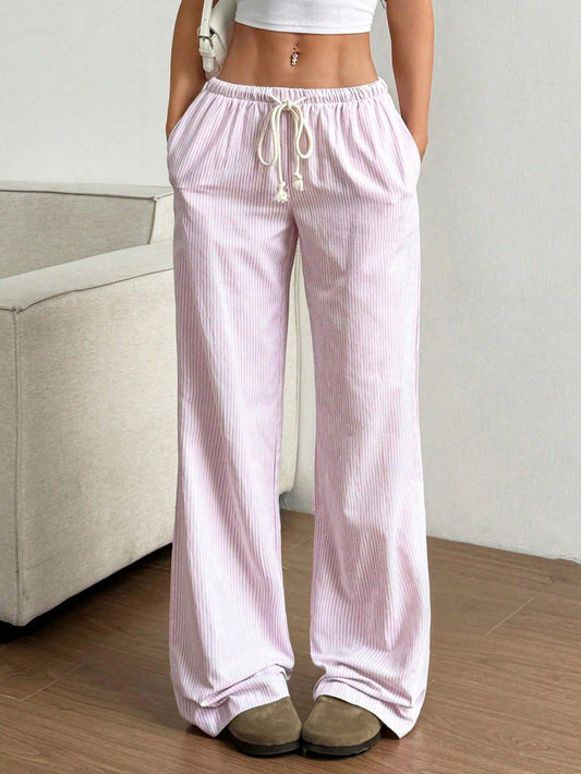 Women’s Wide-Leg Trousers – Cotton Blend – Relaxed Fit – Drawstring Waist – Striped