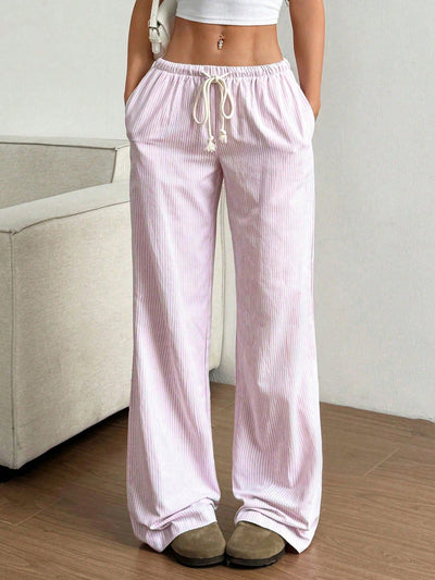 Women’s Wide-Leg Trousers – Cotton Blend – Relaxed Fit – Drawstring Waist – Striped