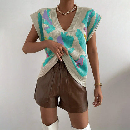 Women’s Knitted Vest – V-Neck – Loose Fit – Jacquard Pattern – Ribbed Hem