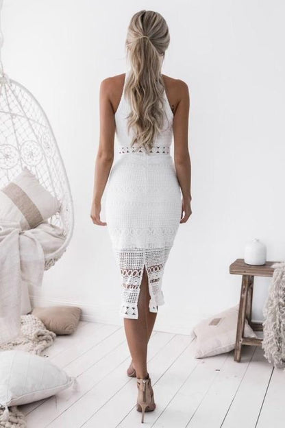 Women’s Midi Dress – Slim Fit – Halter Neck – Sheer Lace – Crochet Detailing