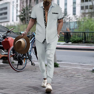 Men’s Two-Piece Set – Relaxed Fit – Cotton Blend – Short Sleeve – Trim Detail – Button Front