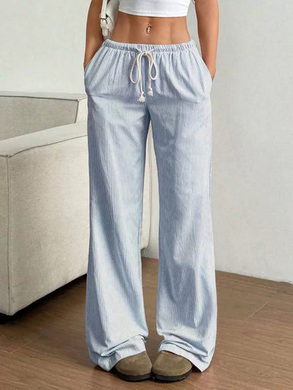 Women’s Wide-Leg Trousers – Cotton Blend – Relaxed Fit – Drawstring Waist – Striped