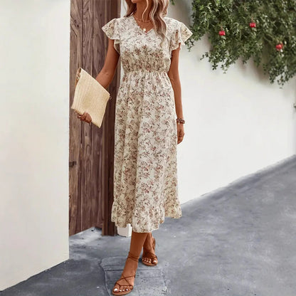 Women’s Midi Dress – Cotton Blend – V-Neck – Flutter Sleeve – Ruffled Hem – A-Line Fit