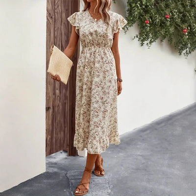 Women’s Midi Dress – Cotton Blend – V-Neck – Flutter Sleeve – Ruffled Hem – A-Line Fit