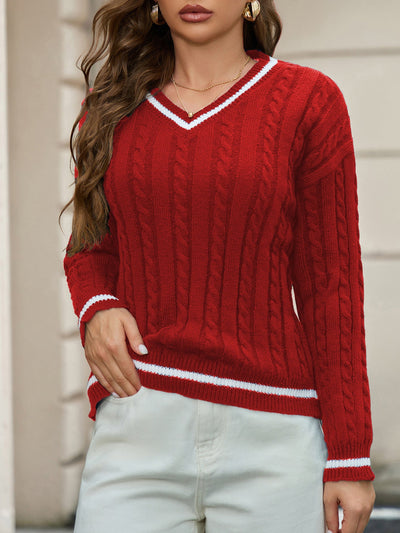 Women’s V-Neck Sweater – Relaxed Fit – Cable Knit – Ribbed Hem – Soft Textured Feel