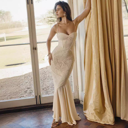 Women’s Evening Gown – Slim Fit – Embroidered Mesh – Spaghetti Straps – Open Back