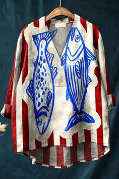 Women’s Long Sleeve Shirt – Relaxed Fit – V-Neck – Digital Print