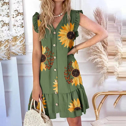 Women’s A-line Dress – Floral Print – Button-Up Front – Sleeveless Ruffle V-Neck