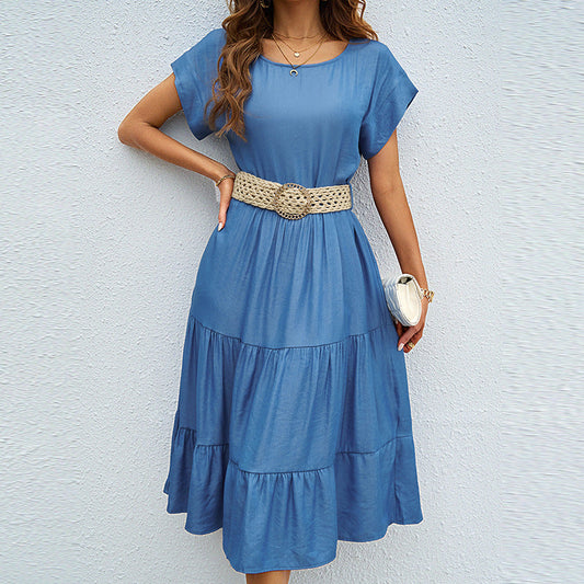 Women’s Midi Dress – Relaxed Fit – A-Line – Ruffle Detail – Belted Waist – Breathable Blend