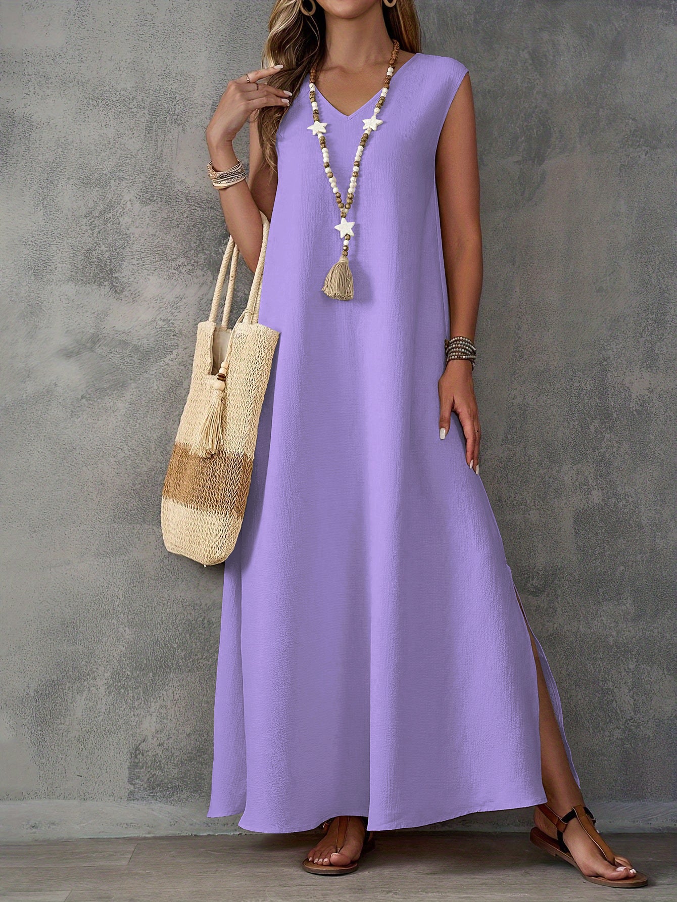 Women’s Maxi Dress – Cotton Blend – Flowing Fit – V-Neck – Sleeveless – Side Slits