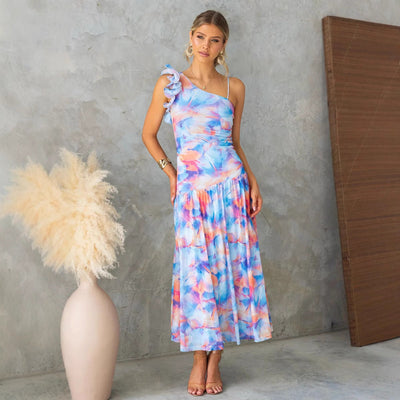 Women’s Spaghetti Strap Dress – Mesh Fabric – Abstract Print – Ruffled Shoulder – Midi Length