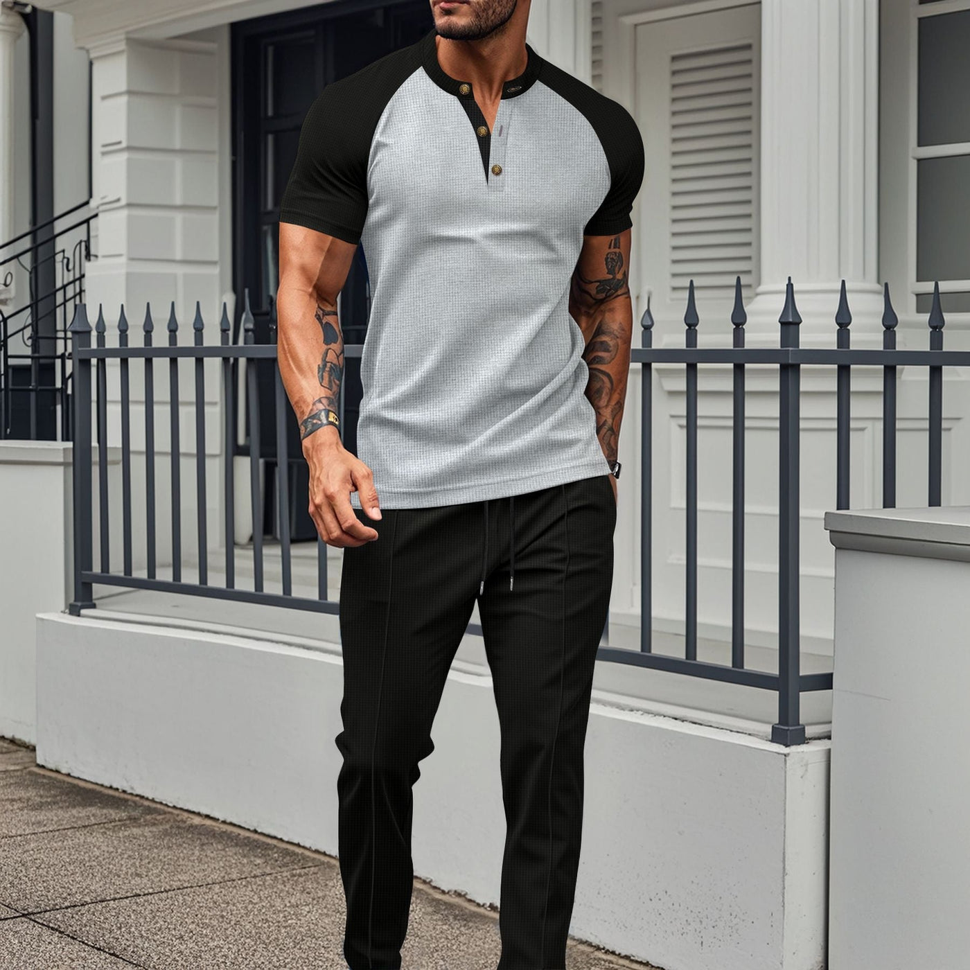 Men’s Two-Piece Set – Short Sleeve Top – Slim Fit – Raglan Sleeves – Straight Leg Pants – Cotton Blend