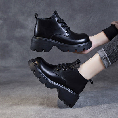 Women’s Ankle Boots – Genuine Leather – High-Top – Chunky Sole – Lace-Up Closure
