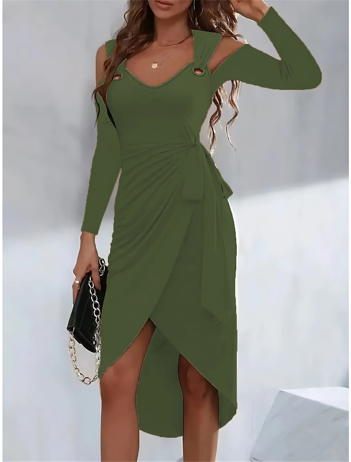 Women’s Strap Dress – Slim Fit – V-Neck – Waist Tie – Shoulder Cut-Out – Asymmetric Hem – Long Sleeve