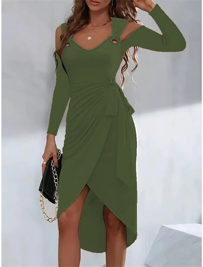 Women’s Strap Dress – Slim Fit – V-Neck – Waist Tie – Shoulder Cut-Out – Asymmetric Hem – Long Sleeve