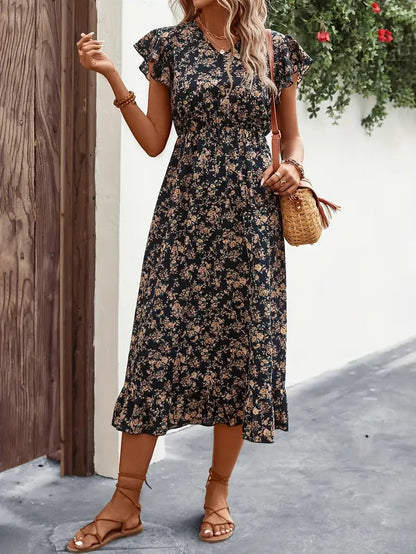 Women’s Midi Dress – Cotton Blend – V-Neck – Flutter Sleeve – Ruffled Hem – A-Line Fit