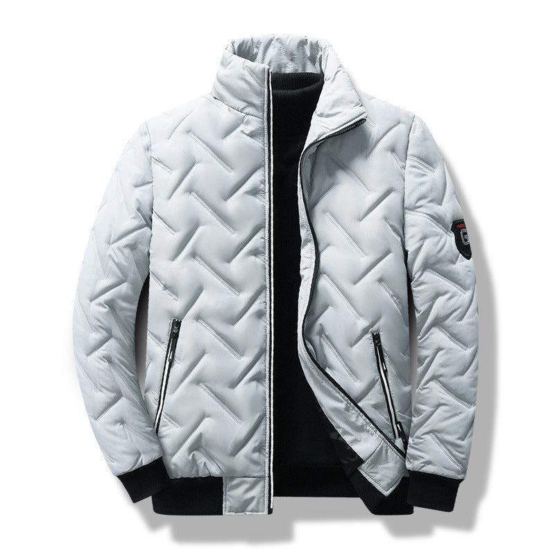 Men’s Quilted Jacket – Slim Fit – Chevron Pattern – Stand Collar – Zippered Pockets
