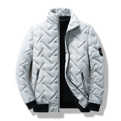 Men’s Quilted Jacket – Slim Fit – Chevron Pattern – Stand Collar – Zippered Pockets