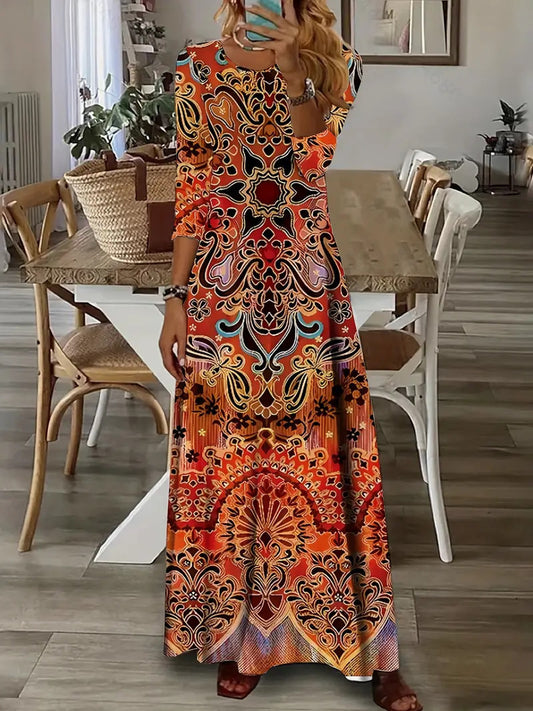 Women’s Maxi Dress – V-Neck – Long  Sleeve – Ornate Pattern – Relaxed Fit – Ankle Length