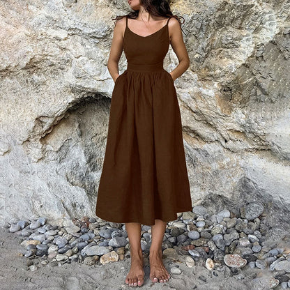 Women’s Midi Dress – V-Neck – Flared Skirt – Open Back – Adjustable Tie Straps