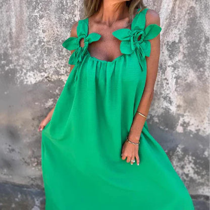 Women’s Maxi Dress – Relaxed Fit – Flowing Silhouette – Floral Shoulder Detail – Soft Fabric