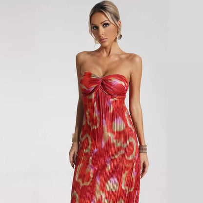Women’s Maxi Dress – Strapless Slim Fit – Pleated Texture – Abstract Print