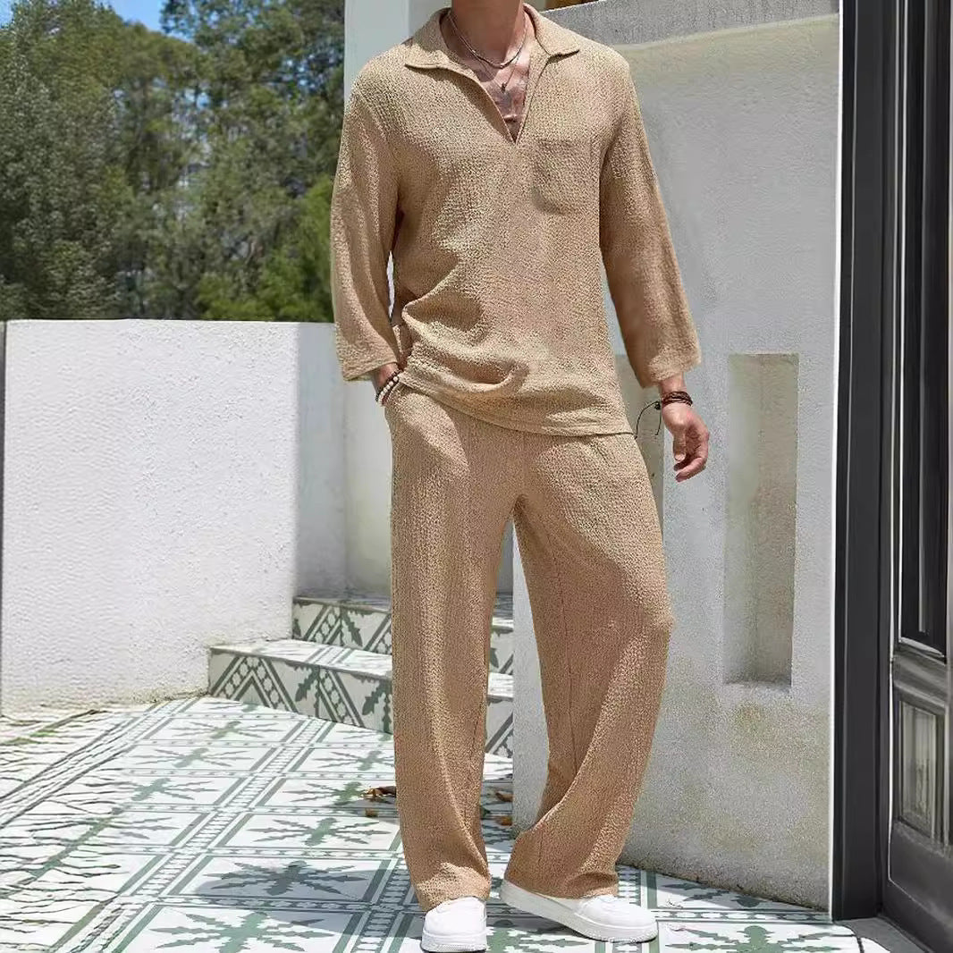 Men’s Lounge Set – Relaxed Fit – Long Sleeve Shirt & Full-Length Pants – Soft Knit