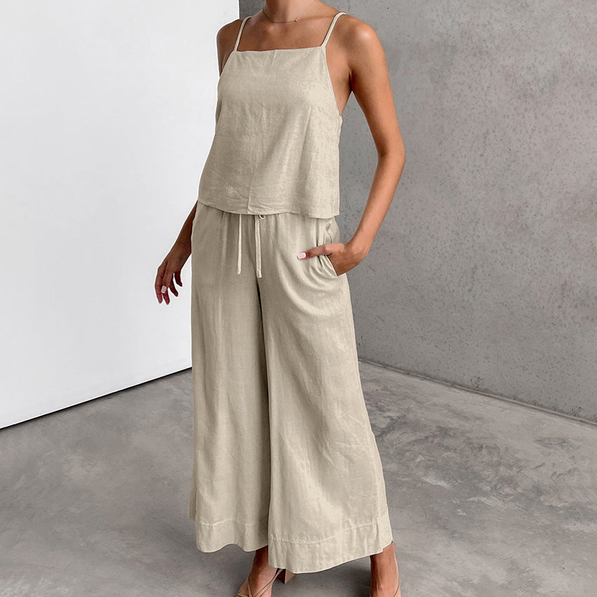 Women’s Two-Piece Set – Cotton Linen Blend – Relaxed Fit – Sleeveless Top & Wide-Leg Trousers