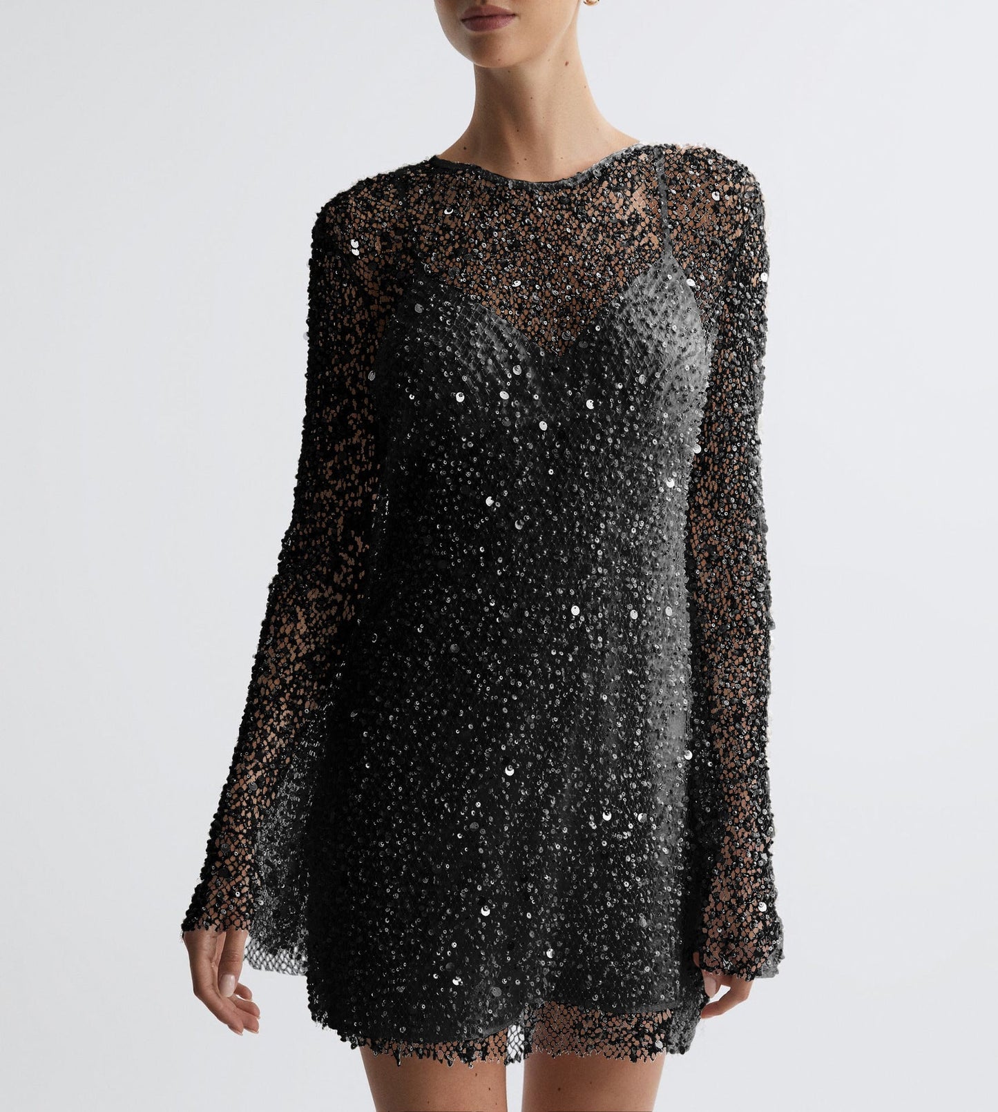 Women’s Cocktail Dress – Fitted Silhouette – Sequin Overlay – Long Sleeve Mini