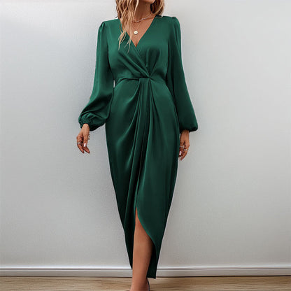 Women’s Long Sleeve Dress – Satin Finish – V-Neck – Puff Sleeve – Ruched Waist – Slit Hem