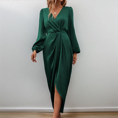 Women’s Long Sleeve Dress – Satin Finish – V-Neck – Puff Sleeve – Ruched Waist – Slit Hem