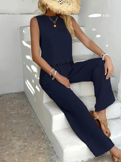 Women’s Wide-Leg Pants – Lightweight Crinkled Fabric – High Waist – Full Length Relaxed Fit