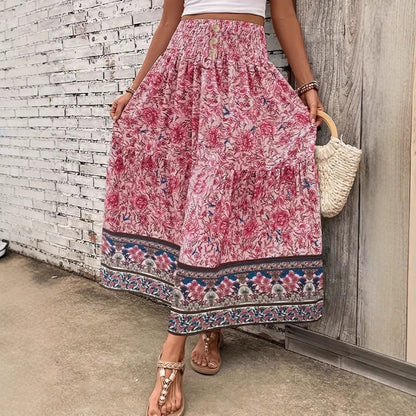 Women’s Long Skirt – Tiered Cotton Blend – Bohemian Floral – Elastic Waist – Tassel Trim